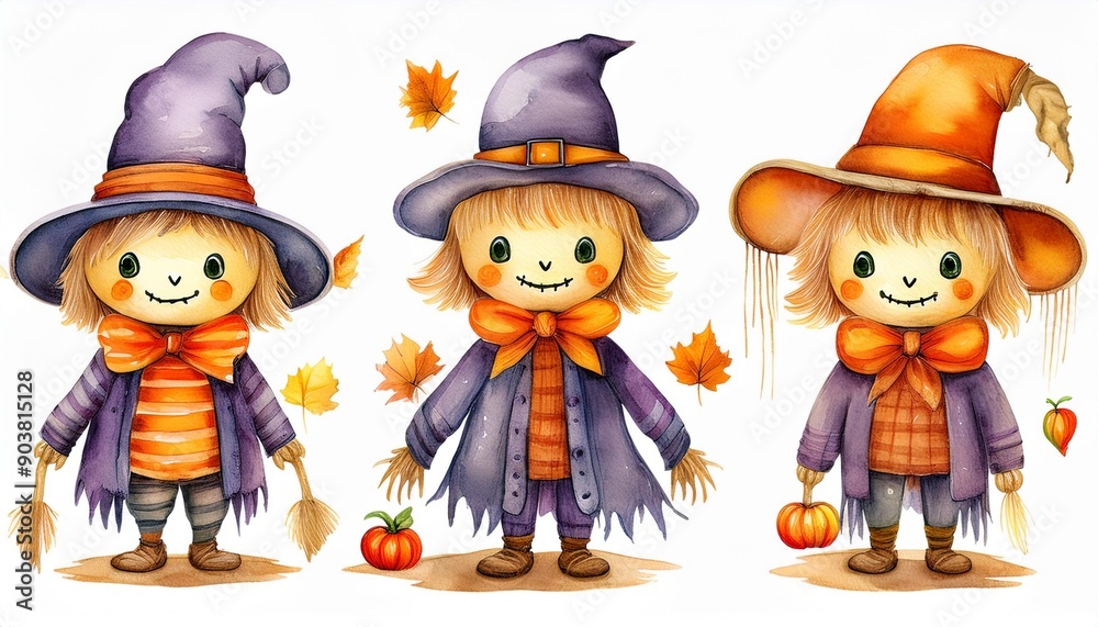 Set of cute watercolor Halloween's Day elements. Isolated on white background. Can be used for Halloween's day, greeting cards and invitations. Hand drawn watercolor illustration. Set of cute watercolor Halloween's Day elements. Isolated on white background. Can be used for Halloween's day, greeting cards and invitations. Hand drawn watercolor illustration.