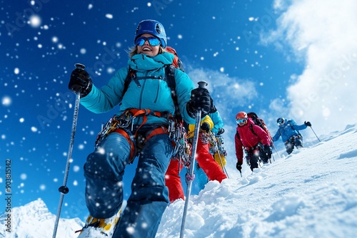 7. A team of climbers ascending a snowy peak, using ice axes and crampons, with snowflakes gently falling