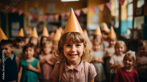 Primary school birthday celebration. Girl wearing a cone hat and standing in front of her class on her birthday, photography.