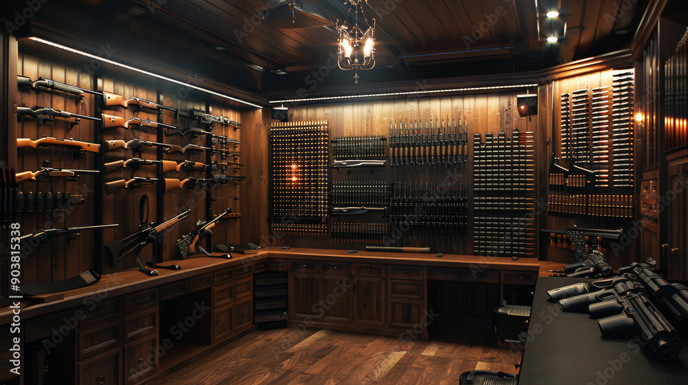 A meticulously organized gun room with various firearms and ammunition displayed on wooden walls under warm lighting creates an atmosphere of precision and control. A meticulously organized gun room with various firearms and ammunition displayed on wooden walls under warm lighting creates an atmosphere of precision and control.