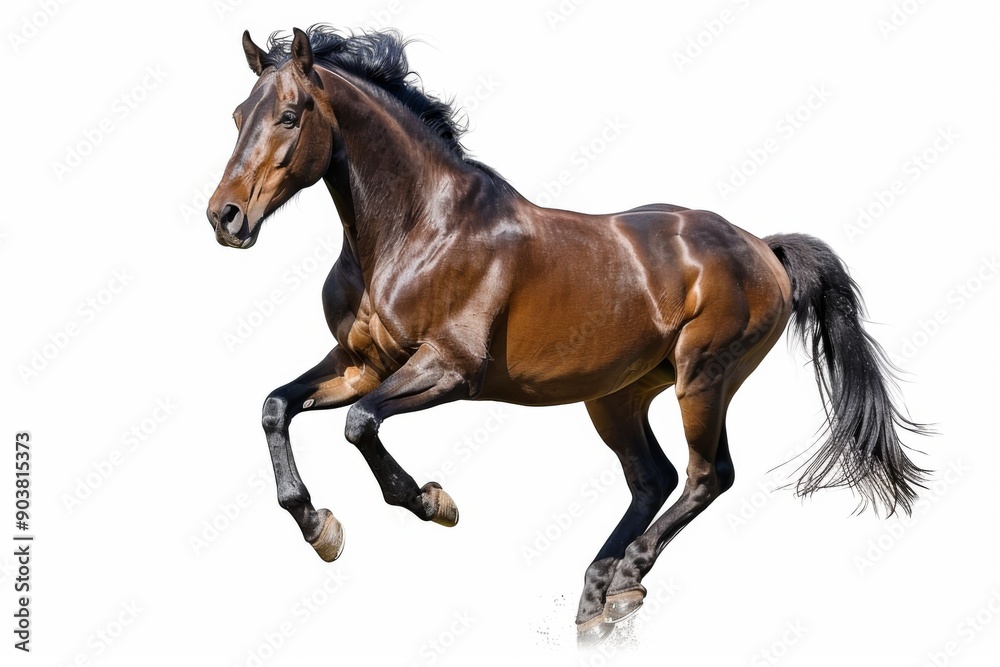 Brown horse in rearing pose, standing up on hind legs isolated on white background Brown horse in rearing pose, standing up on hind legs isolated on white background