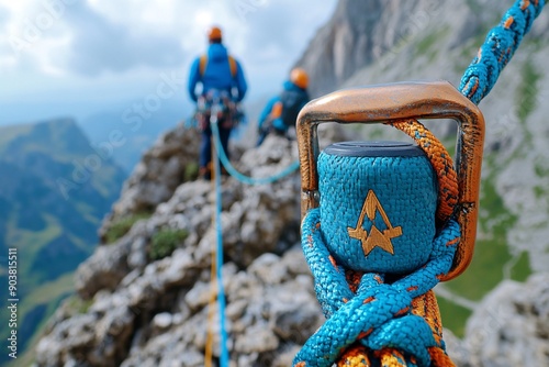 11. A climber belaying their partner from a secure anchor point, with the rope taut and the mountain wall in view