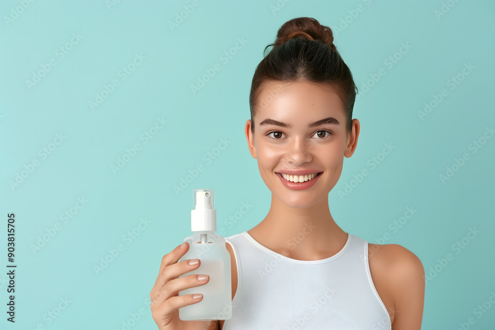 Portrait of a smiling young woman with straight hair holding a skincare bottle Portrait of a smiling young woman with straight hair holding a skincare bottle