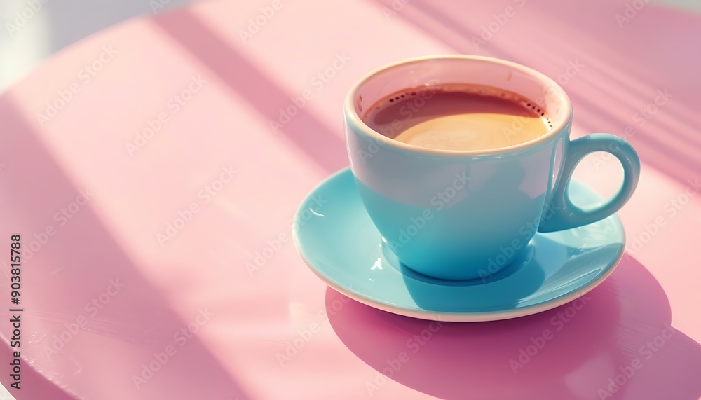 Cyan cup with coffee on pink table, pastel backdrop, wide-angle shot, natural light for web design. Cyan cup with coffee on pink table, pastel backdrop, wide-angle shot, natural light for web design.