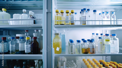 A refrigerator stocked with scientific or medical supplies, featuring neat rows of bottles and vials, reflecting a highly organized lab setting.