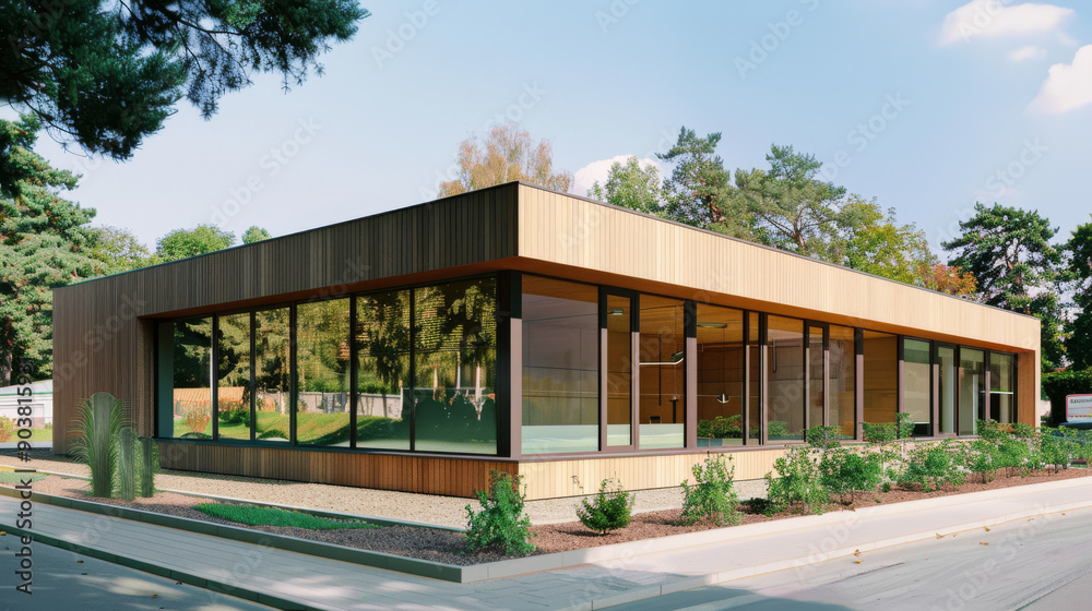 Modern office building with large windows surrounded by greenery, under a clear sky, reflecting sustainable architecture. Modern office building with large windows surrounded by greenery, under a clear sky, reflecting sustainable architecture.