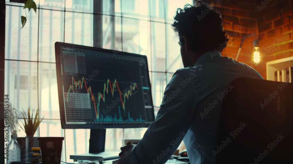 A man intently analyzes fluctuating graphs on a computer screen in a modern office, encapsulating the focus and determination of a dedicated professional. A man intently analyzes fluctuating graphs on a computer screen in a modern office, encapsulating the focus and determination of a dedicated professional.