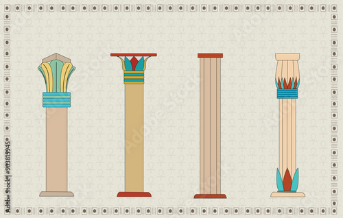 Columns of Ancient Egypt - Vector Illustration - Colored with ancient Egyptian Color palettes