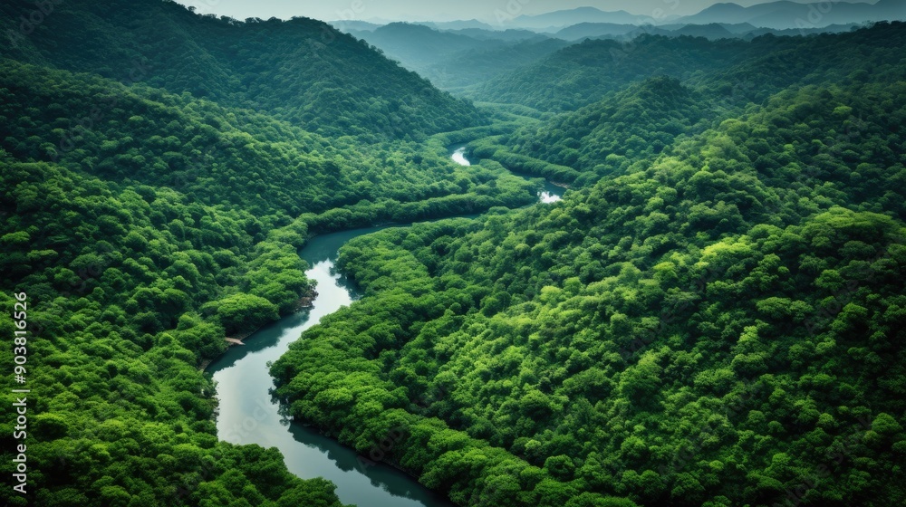 Aerial view of a winding river through a dense forest Aerial view of a winding river through a dense forest