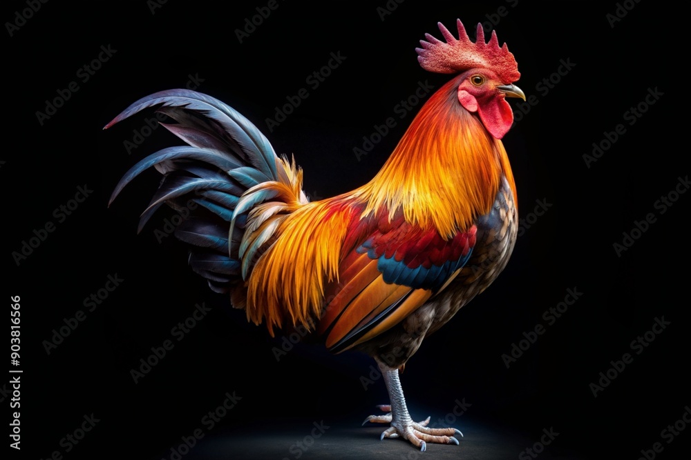 Fototapeta premium Rooster isolated on black background seen from high angle, cock, profile, feathers, animal, poultry, cockerel, plumage, roosting, domesticated,rooster, black background, predator