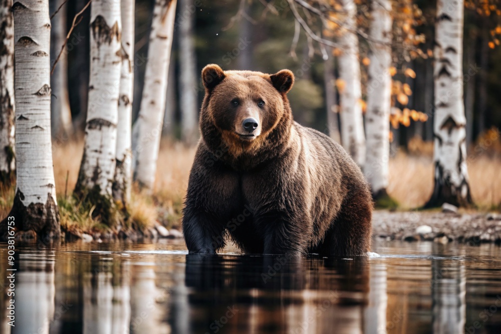 Fototapeta premium A big brown bear on the background of a birch grove. Animal hunting. Poaching.