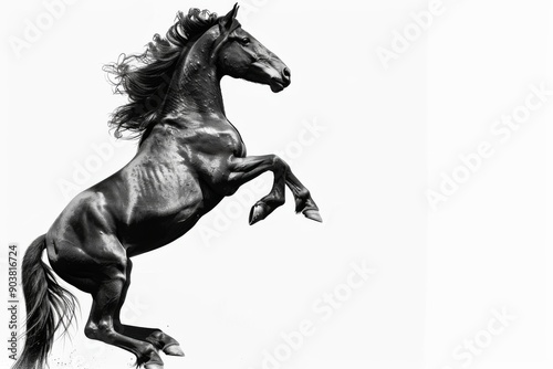 Black horse in rearing pose, standing up on hind legs isolated on white background
