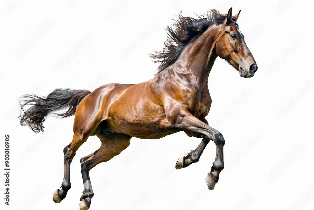 Brown horse in rearing pose, standing up on hind legs isolated on white background