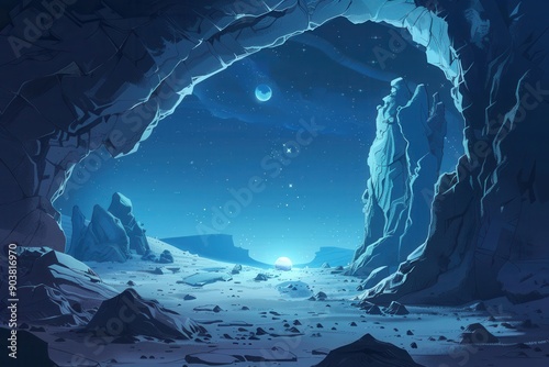 Mysterious Alien Landscape with Rocky Formations and Glowing Orb photo