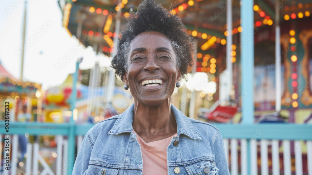 Radiant elderly woman laughing at an amusement park, capturing pure joy and happiness with colorful background elements. Radiant elderly woman laughing at an amusement park, capturing pure joy and happiness with colorful background elements.