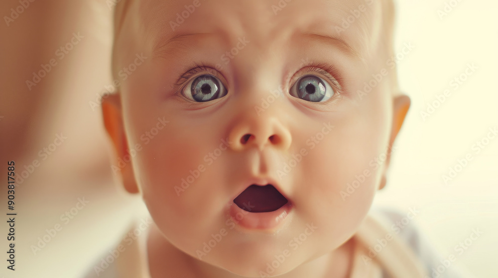 A cherubic baby with wide, curious blue eyes and an open mouth, gazing upwards in wonder, encapsulating the magic and wonder of early childhood. A cherubic baby with wide, curious blue eyes and an open mouth, gazing upwards in wonder, encapsulating the magic and wonder of early childhood.