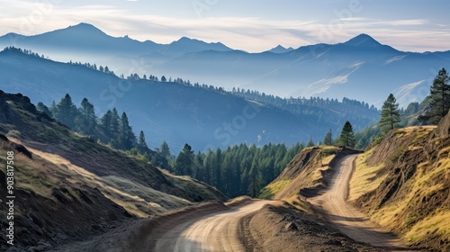 trees dirt road mountains