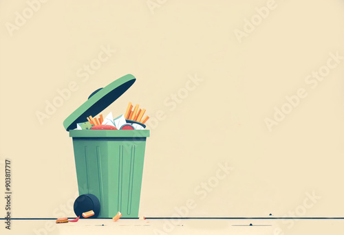 Fastfood in trashcan. Healthy food concept