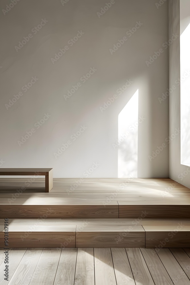 Fototapeta premium Minimalist Interior Design with Wooden Bench and Steps