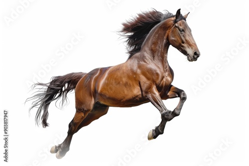 Brown horse in rearing pose, standing up on hind legs isolated on white background