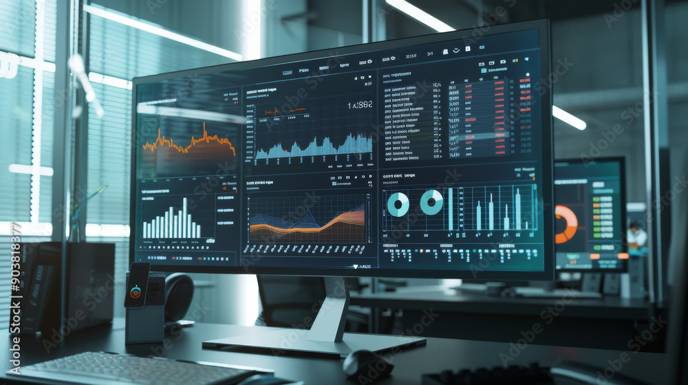 Fototapeta premium An organized and sophisticated data analysis setup with multiple charts displayed on large monitors, depicting thorough and detailed analytics.