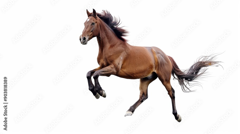 Brown horse in rearing pose, standing up on hind legs isolated on white background Brown horse in rearing pose, standing up on hind legs isolated on white background