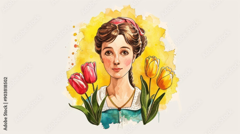 A whimsical watercolor of a young woman holding bright tulips, evoking the classic charm of romantic literature. A whimsical watercolor of a young woman holding bright tulips, evoking the classic charm of romantic literature.