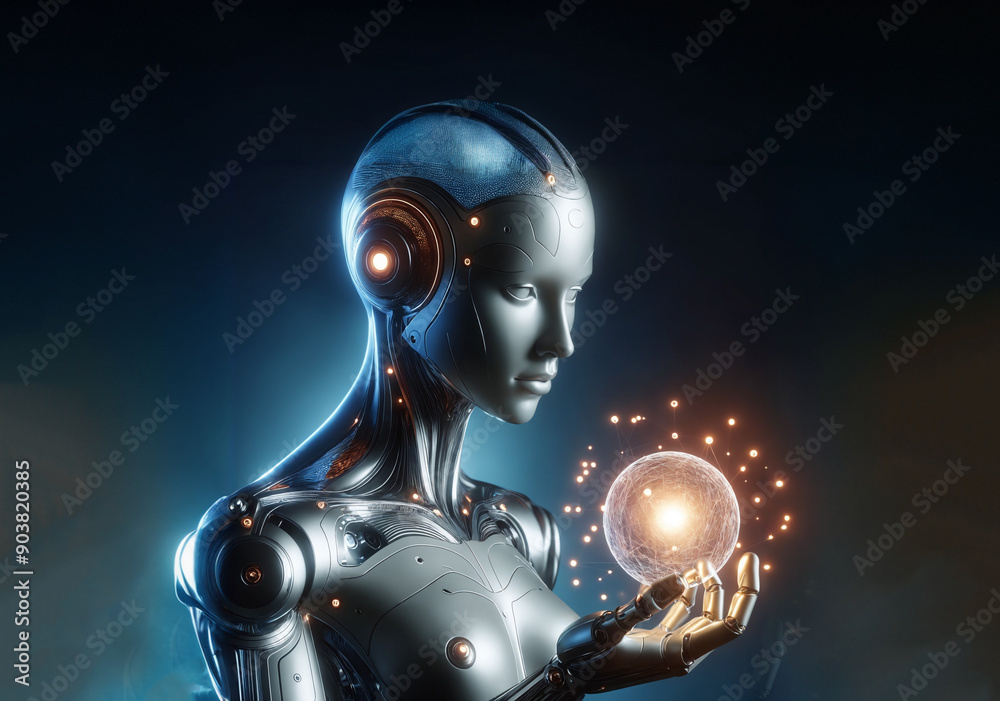 Portrait of artificial intelligence. Robot car made of metal with lightening sphere Portrait of artificial intelligence. Robot car made of metal with lightening sphere