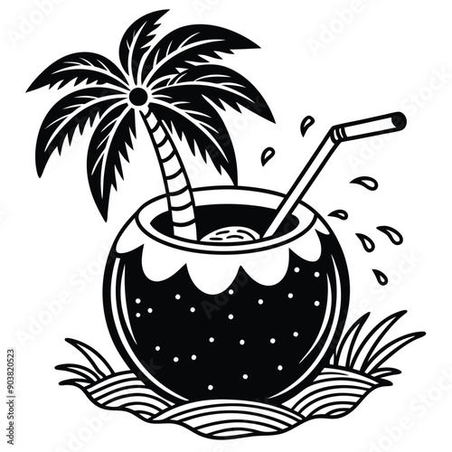A vivid and lively illustration of a coconut on a beach, designed to be printed on a T-shirt.