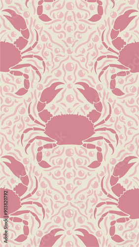 Striped seamless pattern with cute doodle crabs. Vector marine background.
