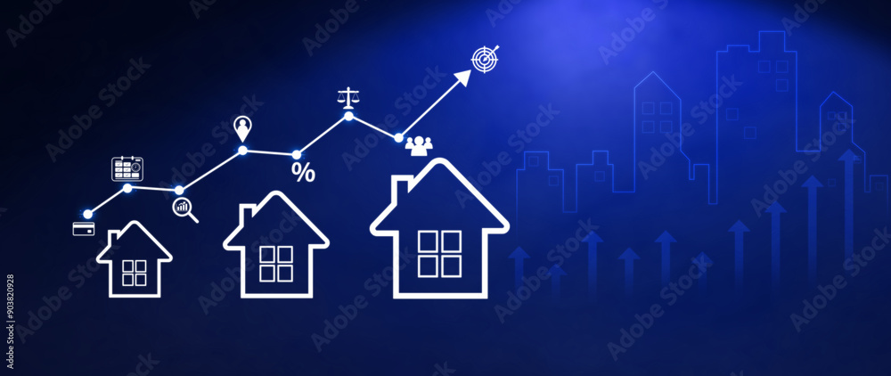 Fototapeta premium Real estate investment concept, Buy, own, sell properties for profit, Cash flow, appreciation, tax advantages. Research, strategy, Real estate investment yields financial rewards, real estate market