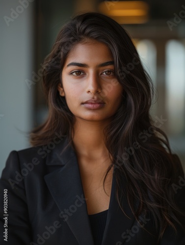 A woman with long dark hair wearing a black jacket  suitable for use in editorial or commercial contexts
