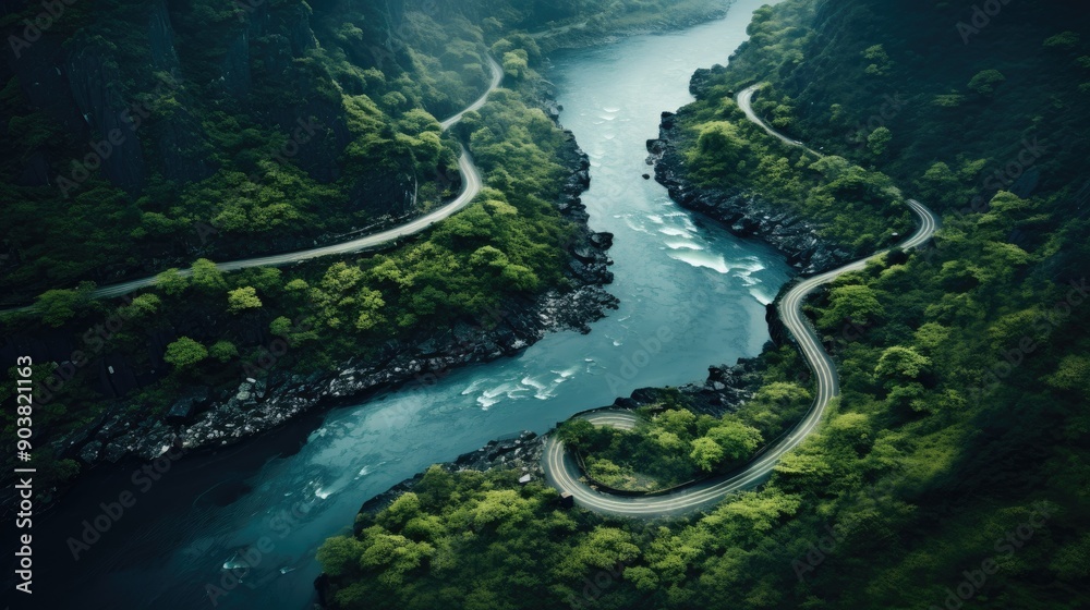 Aerial view of a winding river through a dense forest