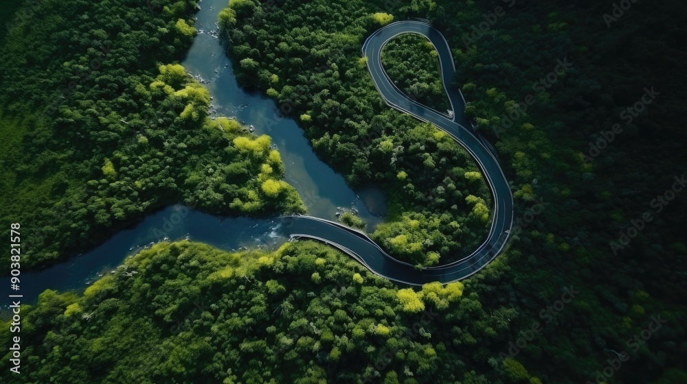 Aerial view of a winding river through a dense forest Aerial view of a winding river through a dense forest
