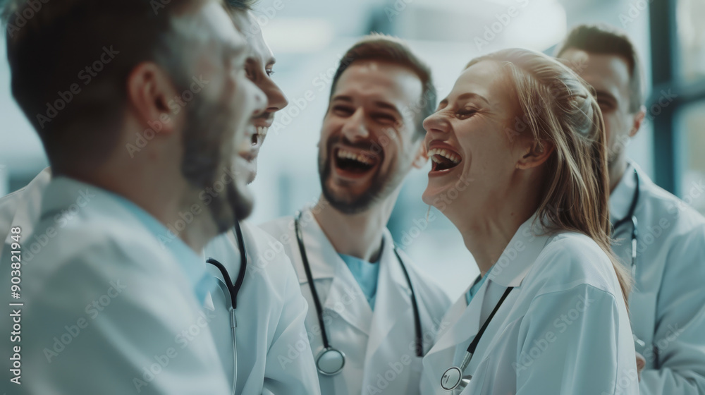 A group of medical professionals in lab coats shares a hearty laugh, symbolizing camaraderie and the human side of healthcare. A group of medical professionals in lab coats shares a hearty laugh, symbolizing camaraderie and the human side of healthcare.