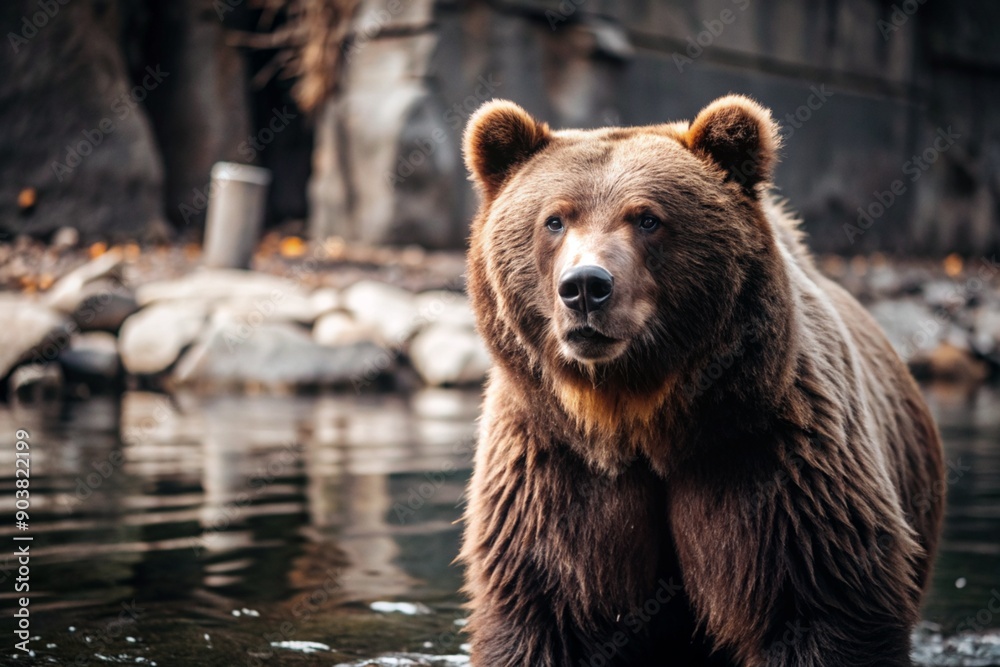 A big brown bear in the lake is hunting for fish. Animal hunting. Poaching. A big brown bear in the lake is hunting for fish. Animal hunting. Poaching.