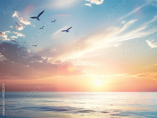 Group of birds flying back to nest with the sunset sky view, pastel color.