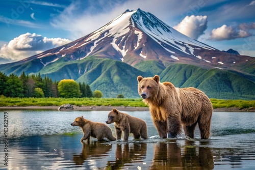 A large brown bear and small cubs in the lake against the background of the Kamchatka volcano. Animal hunting. Poaching.