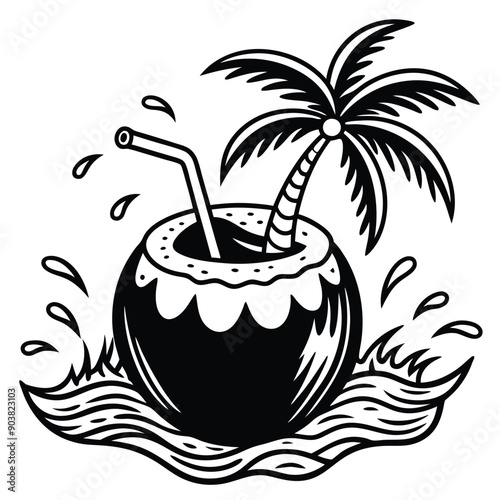 A vivid and lively illustration of a coconut on a beach, designed to be printed on a T-shirt.