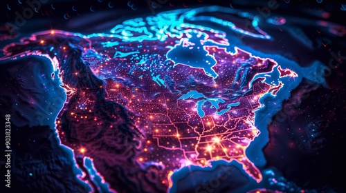 North America map with neon effect.
