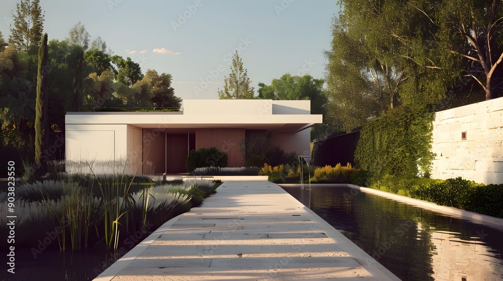 Minimalist Modern House Design with Pond and Greenery Minimalist Modern House Design with Pond and Greenery