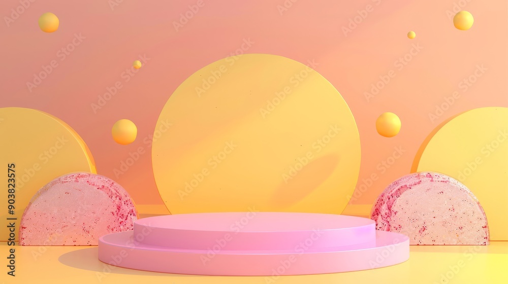 This vibrant podium includes soft pink tones, cheerful yellow backgrounds, and playful geometric shapes, perfect for creative showcases or lively events that foster engaging interactions This vibrant podium includes soft pink tones, cheerful yellow backgrounds, and playful geometric shapes, perfect for creative showcases or lively events that foster engaging interactions