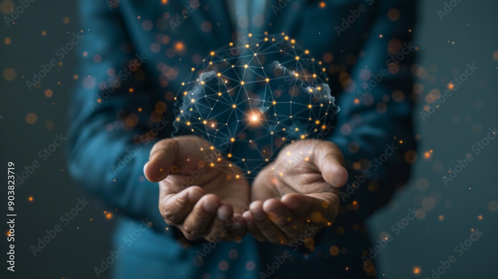 A man in a dark suit holds a digital symbol of the Earth against a background of red and yellow colors. The image demonstrates the connections and transformative impact of the digital world, promoting A man in a dark suit holds a digital symbol of the Earth against a background of red and yellow colors. The image demonstrates the connections and transformative impact of the digital world, promoting