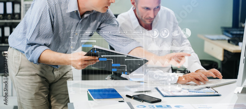 Bilde på lerret Businessman team Project manager working and update tasks and Gantt chart scheduling virtual diagram