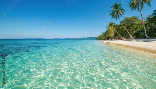 A beautiful tropical beach with clear turquoise water and white sand. Great for travel content, relaxation themes, and tropical paradise visuals.