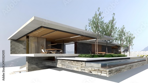 Modern House with Stone Walls and a Pool