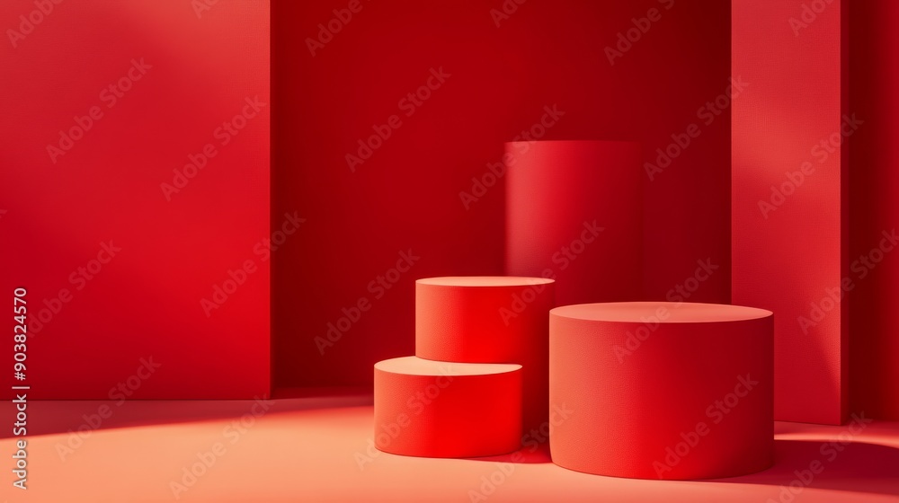3D render with minimal background featuring red cylinder podiums for product presentation.