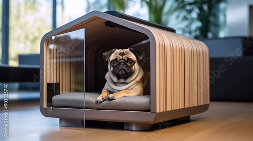 modern pug in dog house photo