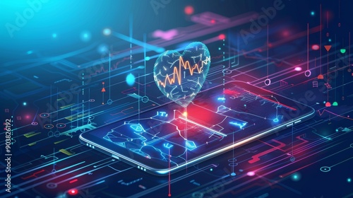 A futuristic smartphone displaying holographic health data with a glowing heart icon, symbolizing digital health and wellness technology. photo