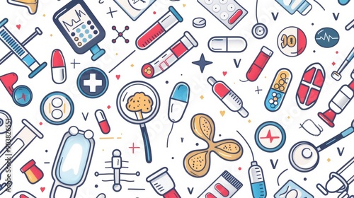Colorful medical-themed pattern featuring various laboratory and healthcare items.